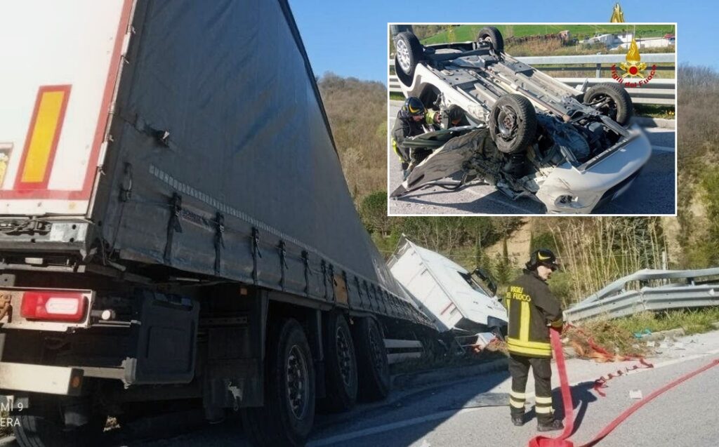 Scontro sull’Ingotte: auto si ribalta, autoarticolato finisce fuori strada. Donna in ospedale