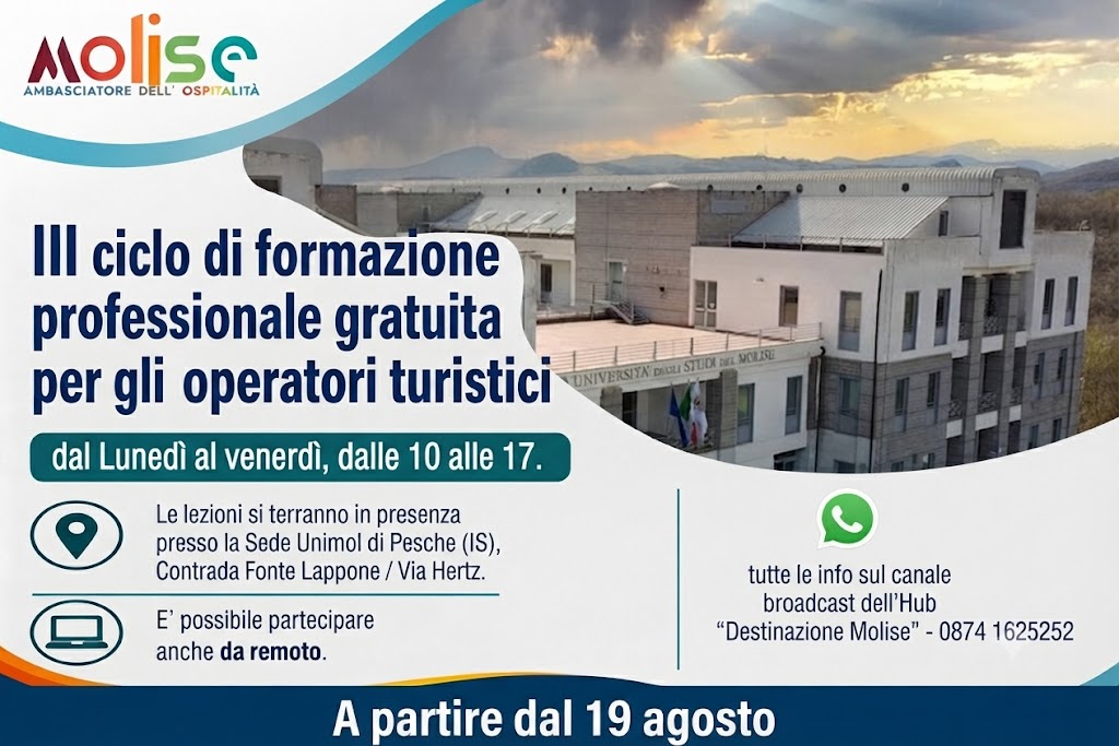 HUB “Destinazione Molise”, il 19 agosto parte l’ultimo ciclo del corso di formazione professionale gratuita