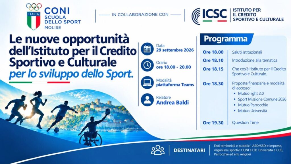 Nuove opportunità di finanziamento: la Scuola Regionale dello Sport del CONI Molise incontra l’Istituto per il Credito Sportivo e Culturale